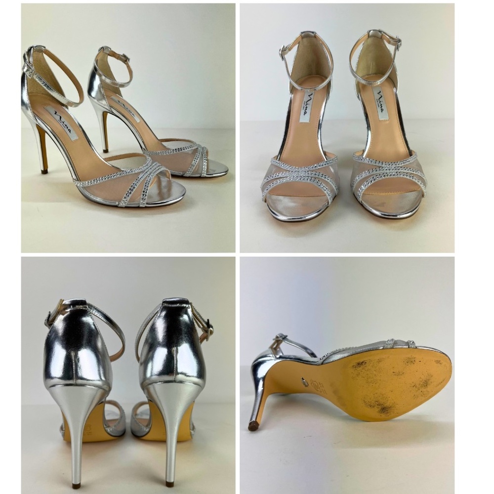 Nina Calise Silver Metallic Embellished Sandals Dressy Holiday Women Size 8.5M
